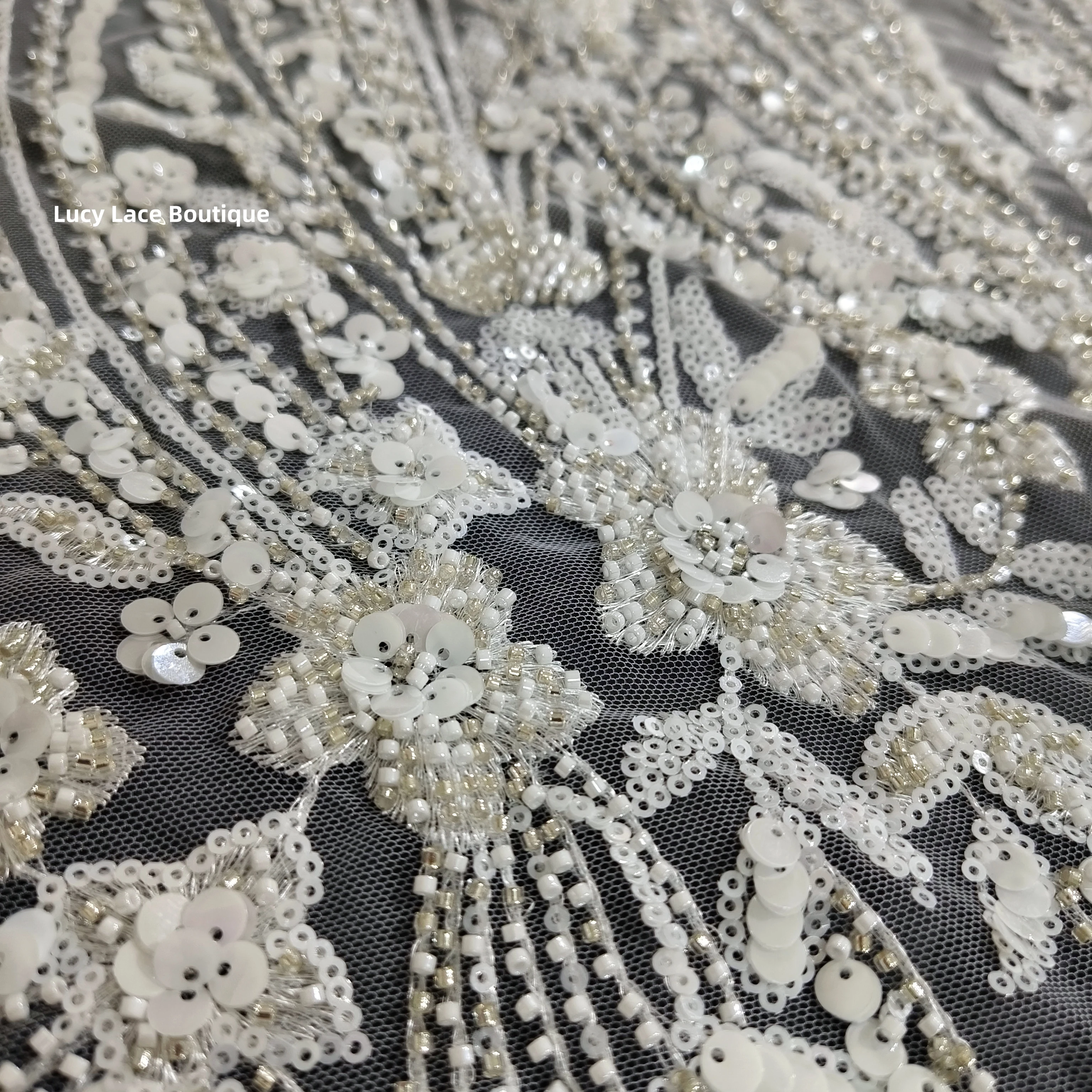 Off White with Silvery Beading Tulle Mesh Lace Fabric Wedding Lace Material Luxury Beaded Embroidery Gauze Lace