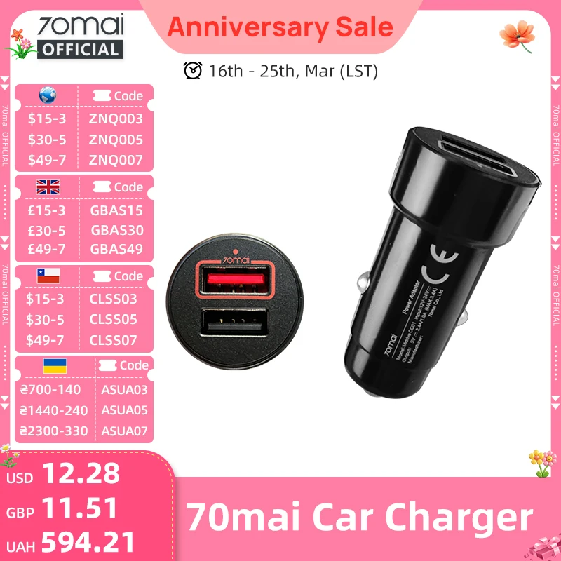 70mai Dual USB Car Charge Mini 2 USB Port 70mai Car Charger 70MAI Dual USB Car Adapter for All 70mai Dash Cam A810 A500S A800S