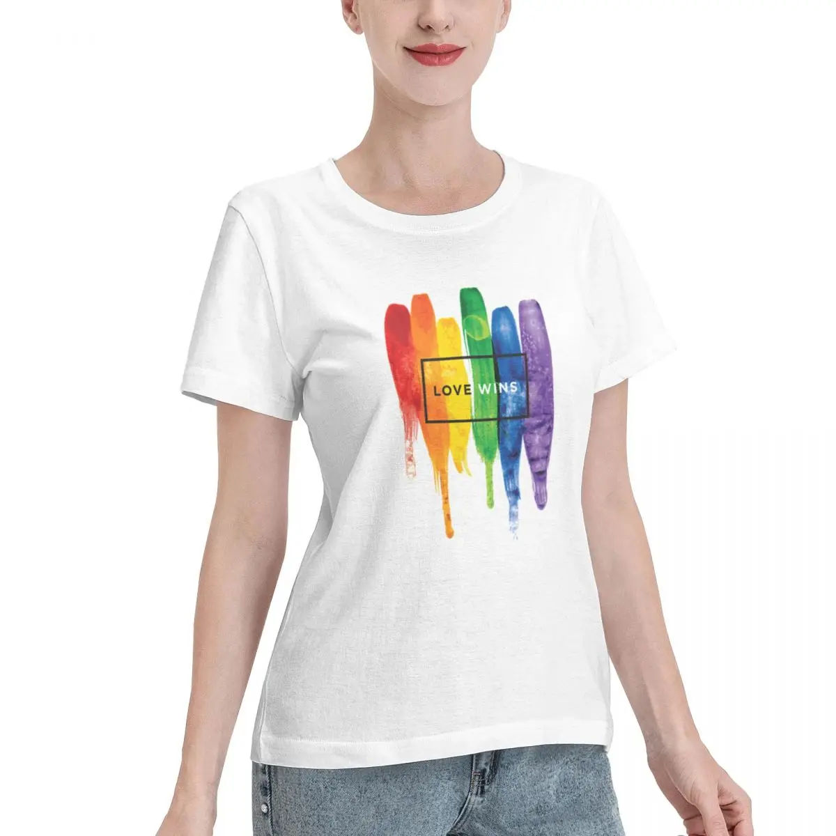 Top Rated Watercolor LGBT Love Wins Rainbow Paint Typographic Women's T-shirt Versatile Wear High Quality Cotton Shirt