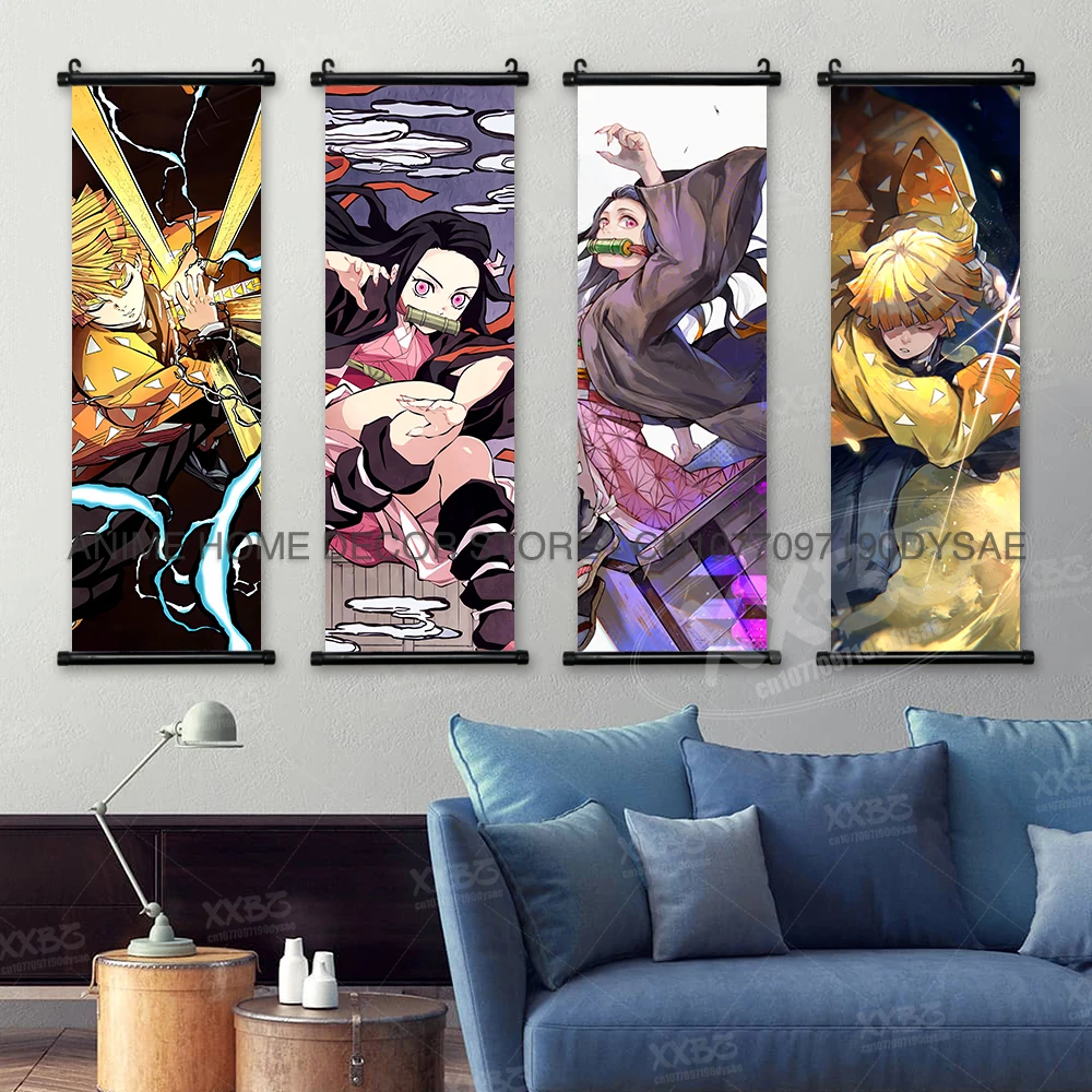 Demon Slayer Poster Rengoku Kyoujurou Scrolls Picture Agatsuma Zenitsu Hanging Paintings Hashibira Inosuke Home Decor Wall Art