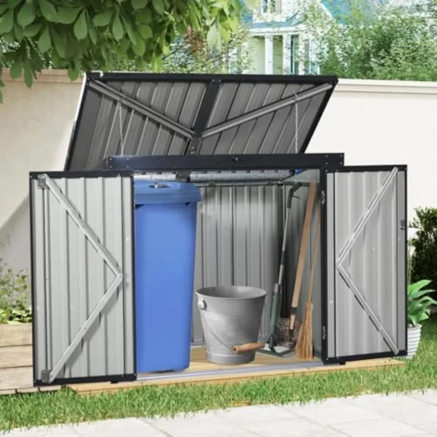 Outdoor Metal Bin Shed for Garbage Cans and Garden Use, Galvanized Steel, Gray, Heavy-duty with 2 Lockable Doors, Sloped Roof,