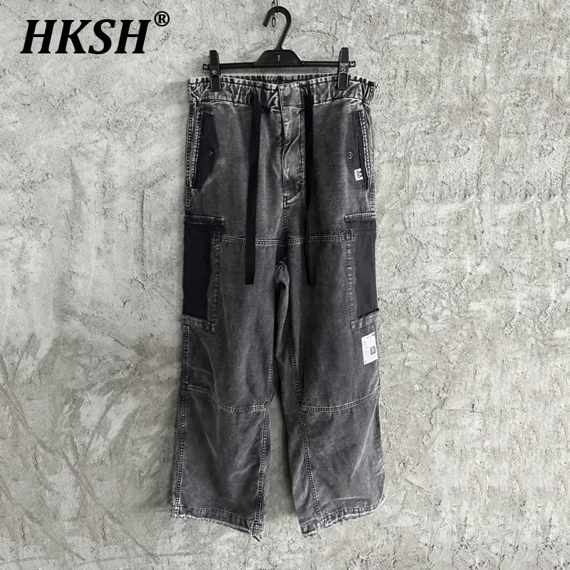 

HKSH Deconstructive Style Knife Cut Retro High Street Loose Wide Leg Cargo Pants Washed Worn Drawstring Straight Overalls HK2348