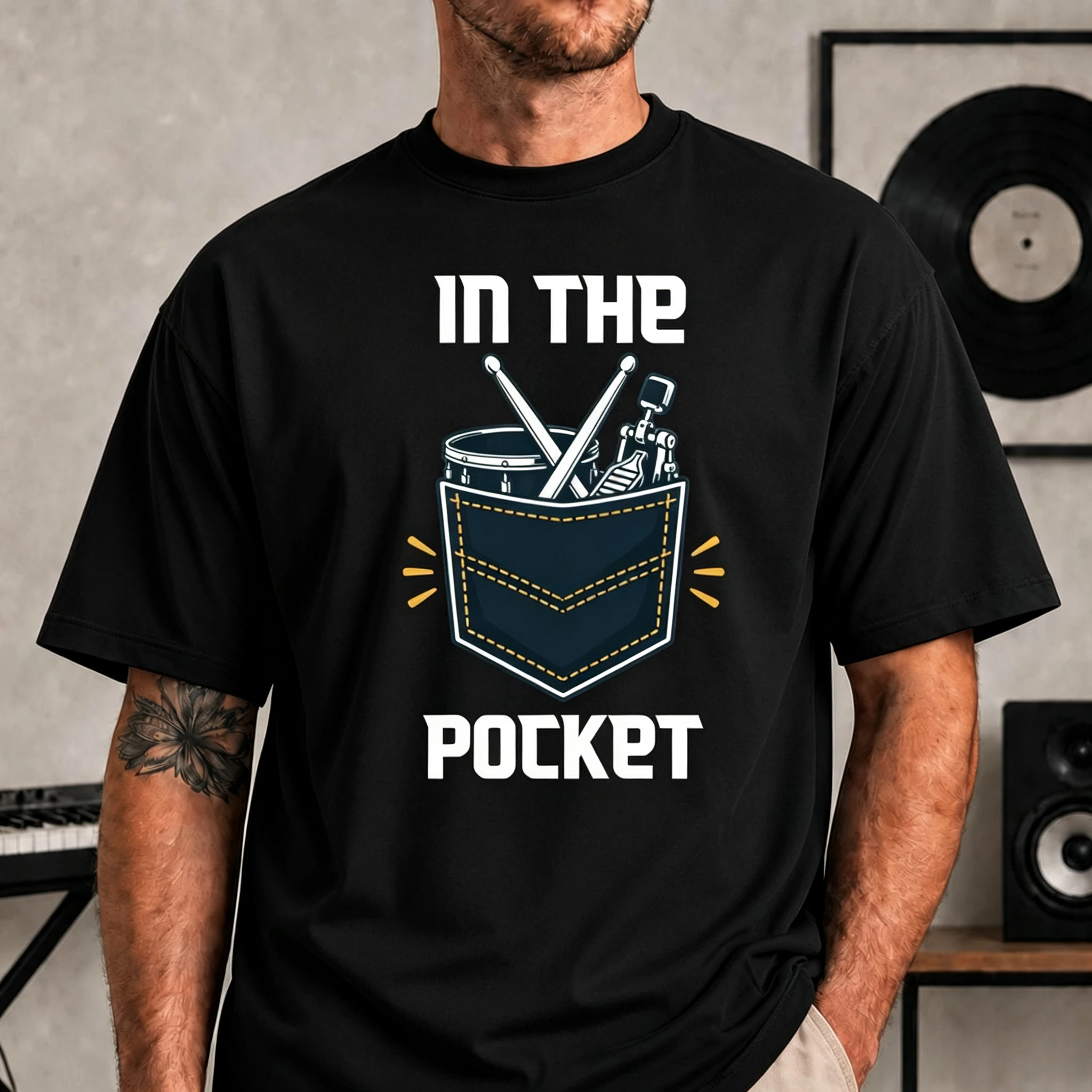 Fun Drummer T-shirt A T-shirt with Interesting Musical Patterns Hidden in The Pocket Casual and Fashionable Loose Round-neck Top