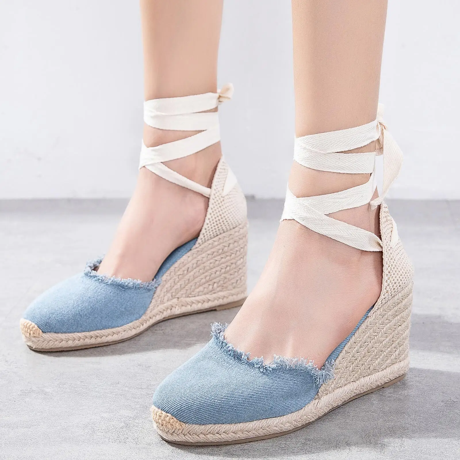 Cap Toe Platform Wedges Sandals for Women, Classic Soft Ankle-Tie Lace up Espadrilles Shoes