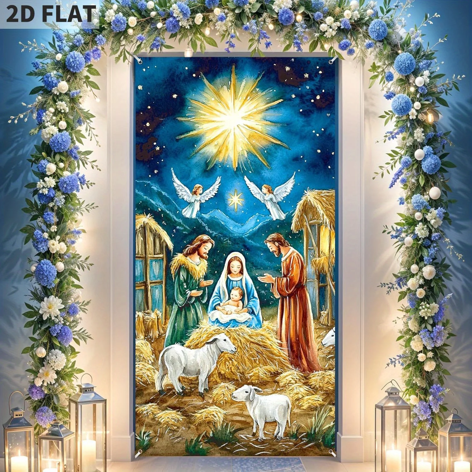

Nativity Christmas Door Cover Decorations, Jesus Holy Night Banner Blue Gold Religious Xmas Scene Sheep Front Door Backdrop