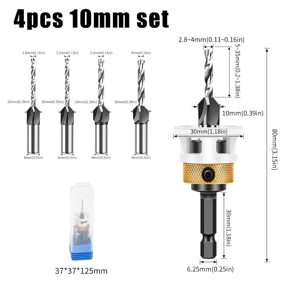 4 pz/set di Grado Industriale Lavorazione Del Legno Limite a quattro bordi Svasata Punta da trapano Passo Regolabile Vite Nascosta Testa Svasata