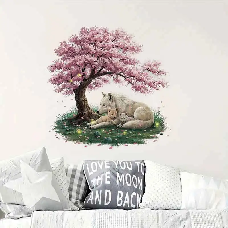 Cherry Blossom Wolf Mother Wall Stickers Living Room Sofa Background Decorative Home Wallpaper for Children's Room AA311