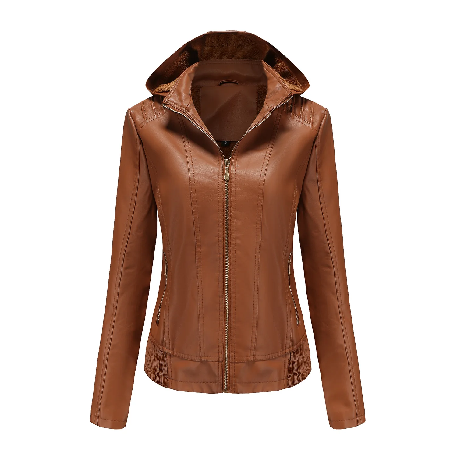 Purchasing winter hooded leather jackets, women's detachable hats, zippered motorcycle plush leather jackets, slim fitting jacke