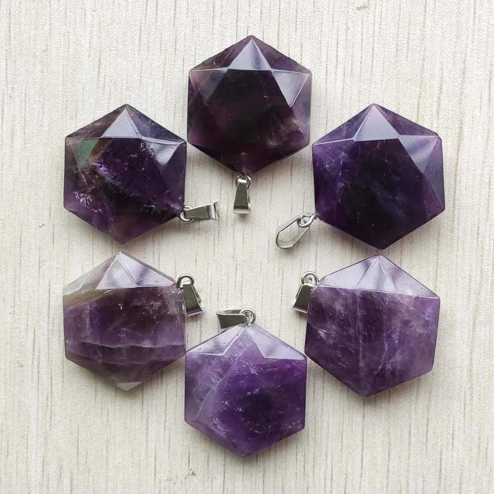 

Fashion Natural amethysts stone Faceted hexagon pendants for diy Necklace Jewelry making Wholesale 6pcs/lot free shipping