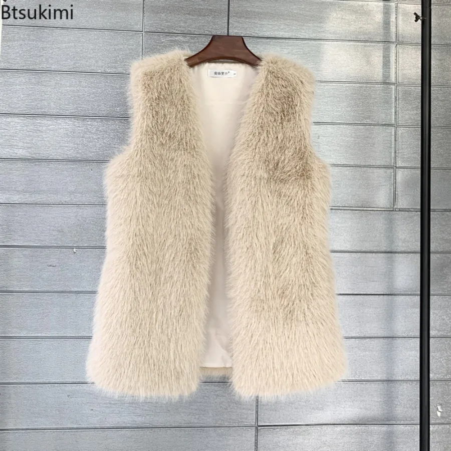 New Women's Thickened Warm Faux Fur Vests Autumn Winter Outerwear Fashion Versatile Ladies Mid-long Waistcoat Sleeveless Jackets