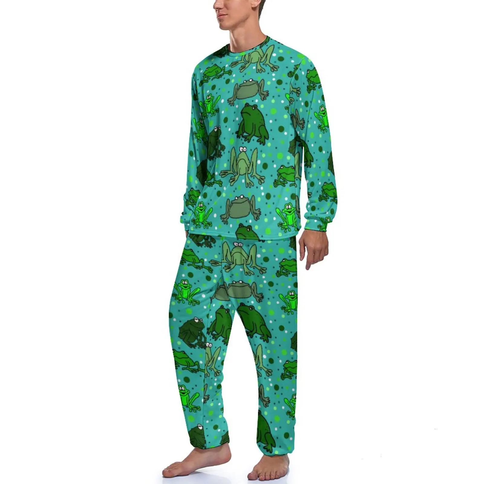 Cartoon Frog Pajamas Men Funny Animal Print Soft Sleepwear Autumn Long Sleeve 2 Pieces Casual Graphic Pajama Sets