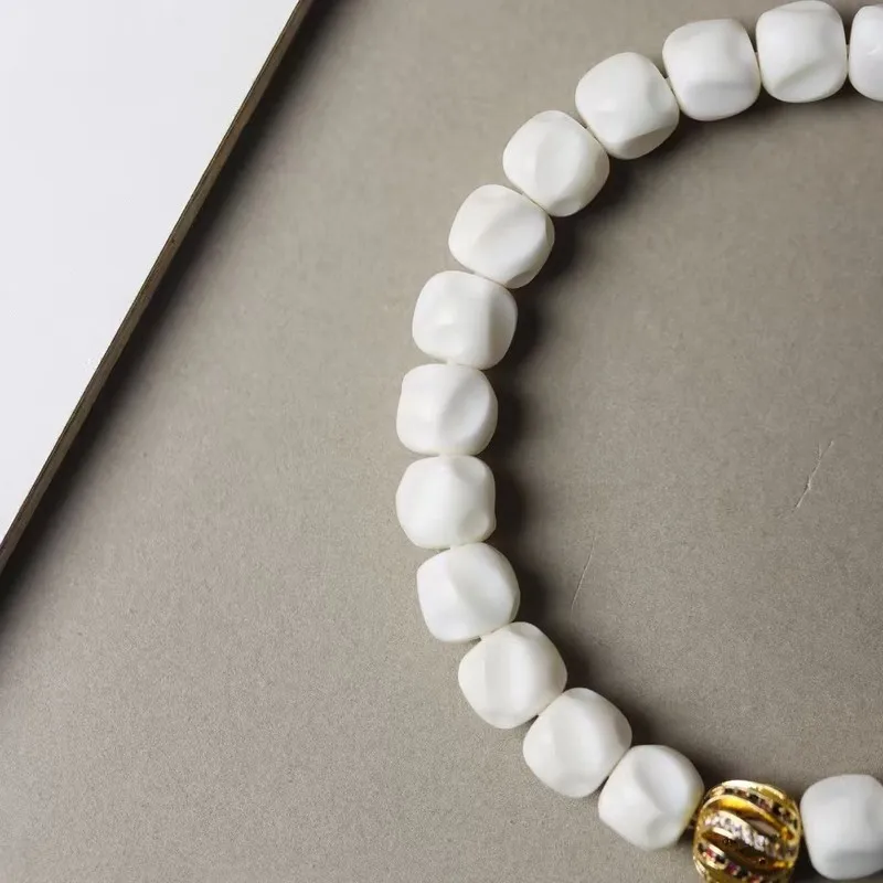 Gold-Plated Copper, Openwork Design, Antique-Style Bead Inlaid With Dry-Polished White Jade Bodhi Beads