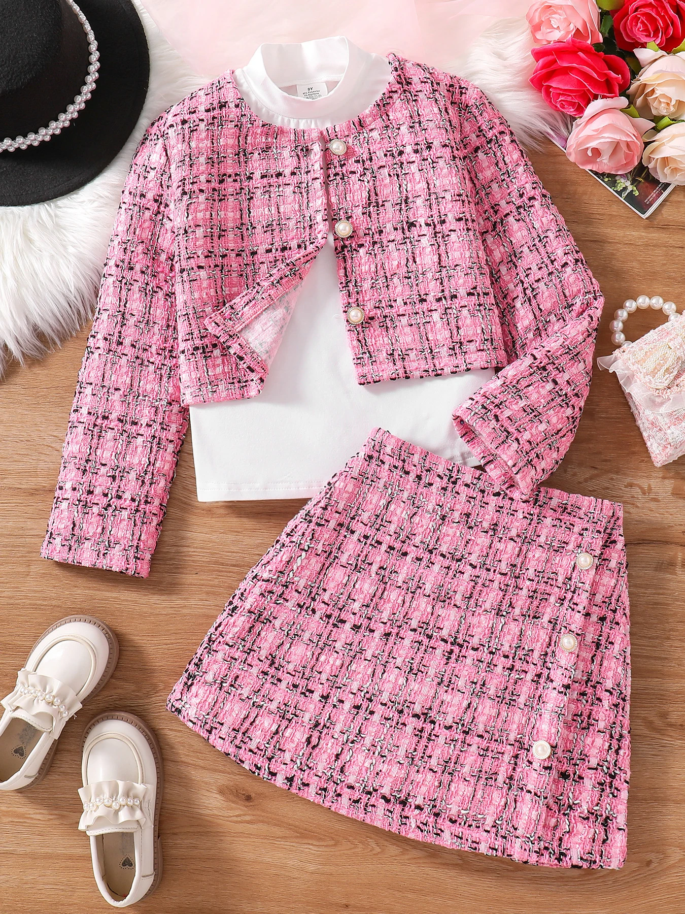 Children\'s Clothing Girls\' Fashion Fragrance Set -3-Piece Set of Pink Checkered Coat, Pink Checkered Skirt, and Solid Color Shir