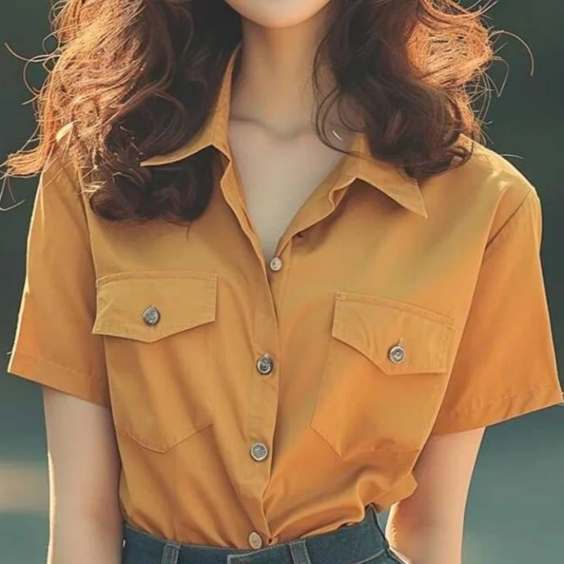 

Spring And Summer New Solid Color Turn-Down Collar Short Sleeve Women's Wear High Quality Office Lady Single Breasted Shirt