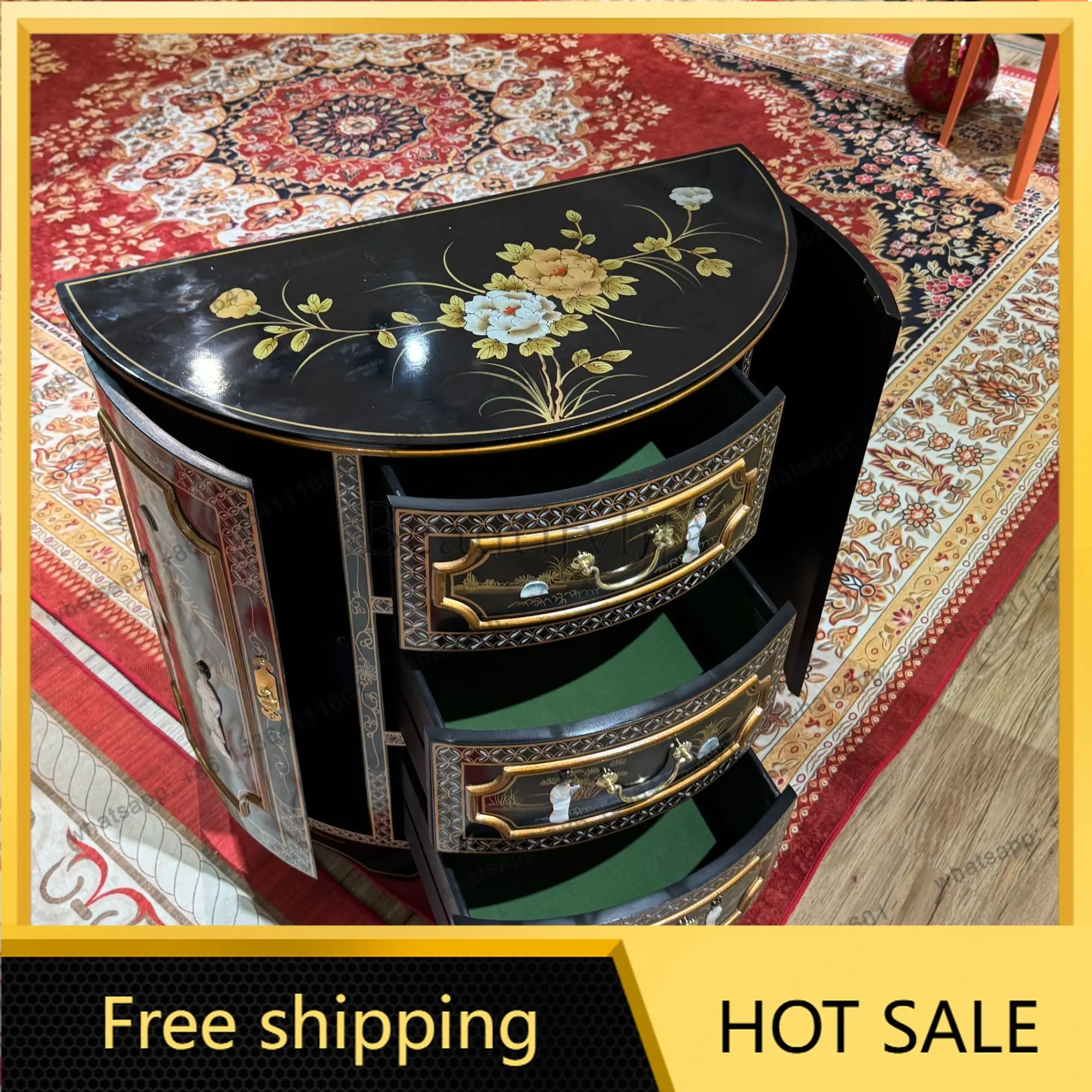 LD new Chinese retro carved high luxury nut shell carving semi-round cabinet porch partition locker