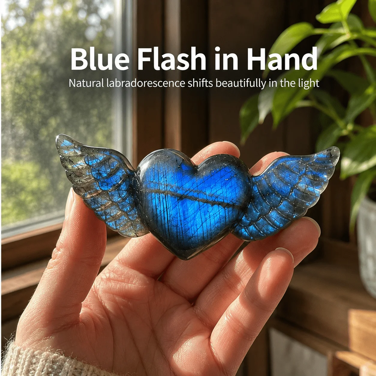 1 piece of natural labradorite heart-shaped crystal with angel wings in random color - Bohemian style with iridescent colors