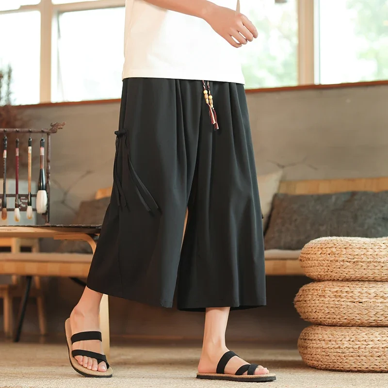 Causal Baggy Pants Mens Summer Japan Samurai Draped Harem Men\'s Traditional Wide Leg Pants Black Male Calf-Length Trousers M-5XL