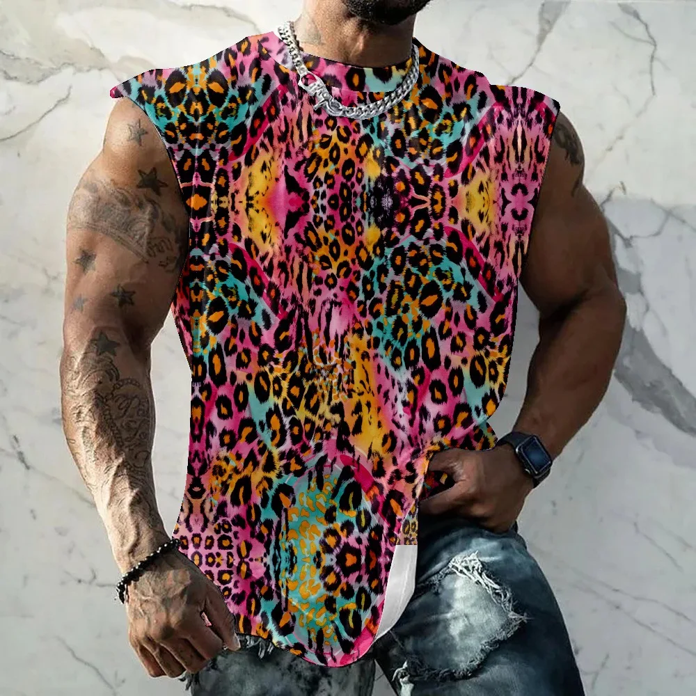 Man Sleeveless Stringer Gym Leopard Print Tank Top Men Fitness Bodybuilding Shirt Vest Singlet Clothing