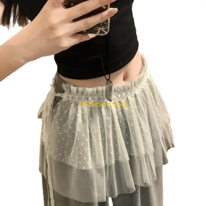

Y5GC Elegant Lace Mesh Skirt With Tie Detail Overlay Skirts For Stylish Layered Look