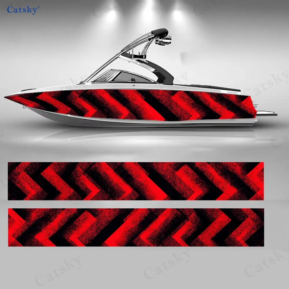 

Red-Black Rhythmic Maze Boat Stickers, PVC Waterproof Durable Vinyl Wrap Decals for Fishing Boats, Durable and Stylish Design