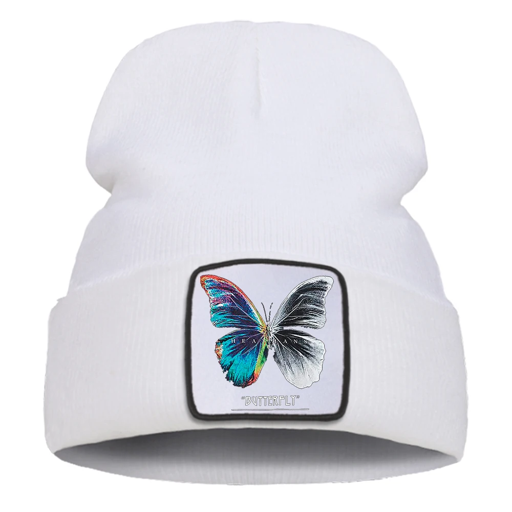 Butterfly Half Color Half Black And White Beanie Hats Windproof Casual Mens Hats Warm Outdoor Winter Punk Hat Unisex Men Hats