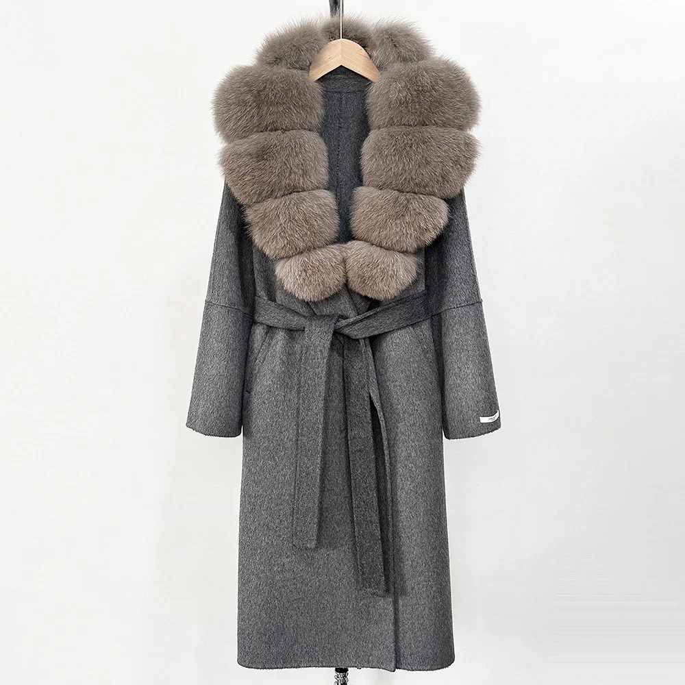 Long Big Fox Fur Luxury Woolen Jacket Women Autumn Top Clothes Real Fur Jacket New Fashion Warm Wool Coat Spring Cuffs Female