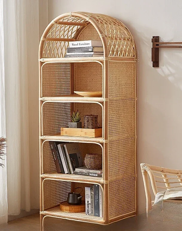 Japanese Genuine Rattan Bookshelf Rattan Display Cabinet Creative Living Room Storage Bookshelf Small Unit