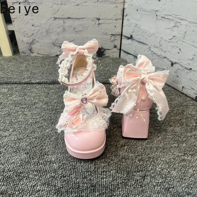 Bow Lace Ruffle Heart Gem Ankle Strap Shoes Women Sweet Lolita Block Heel Shoes Pearl Kawaii Jirai Kei Platform Pumps Female
