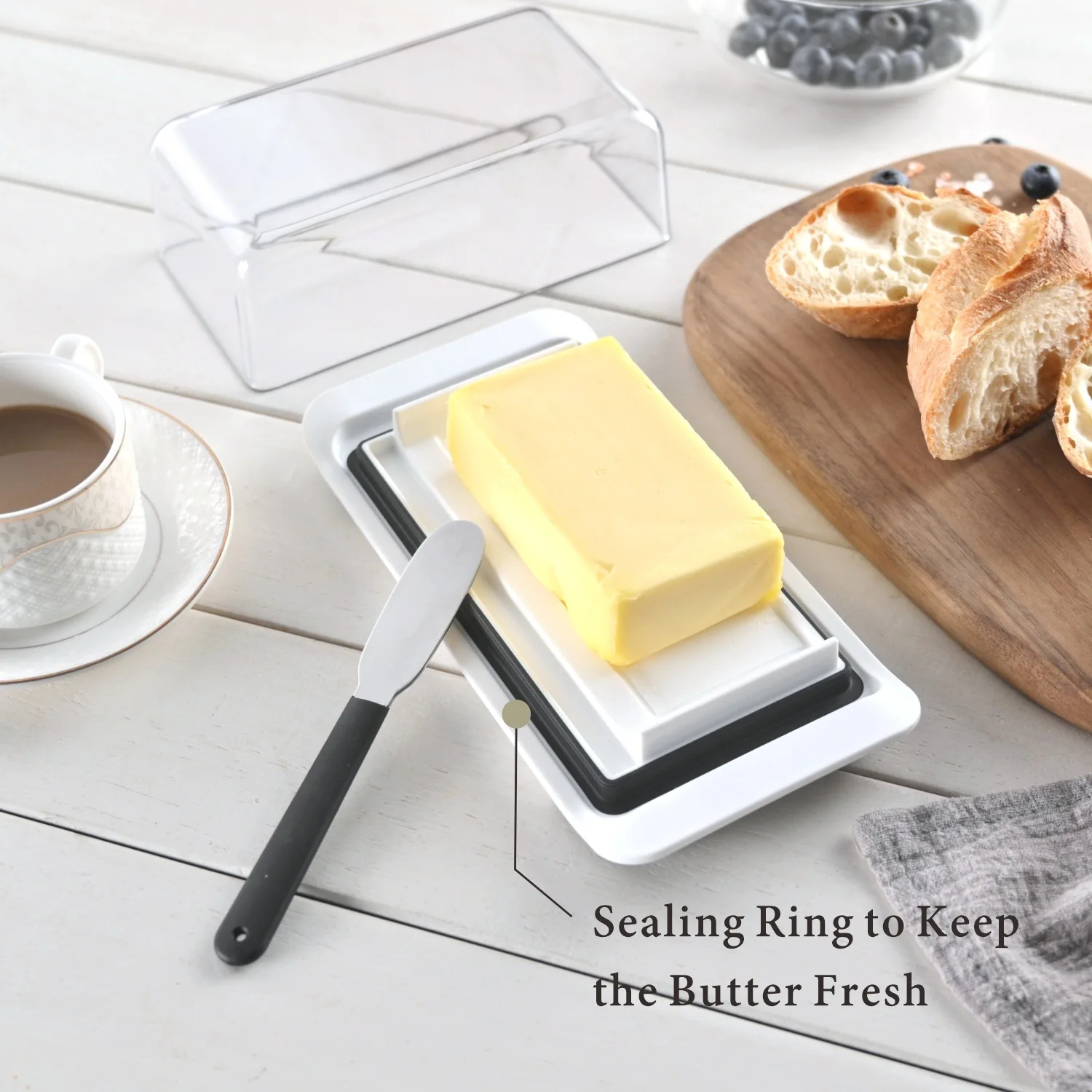 Airtight Butter Dish with Lid for Countertop and Fridge Dishwasher, Holder Tray with Non-Slip Feet holds and Butter Knife