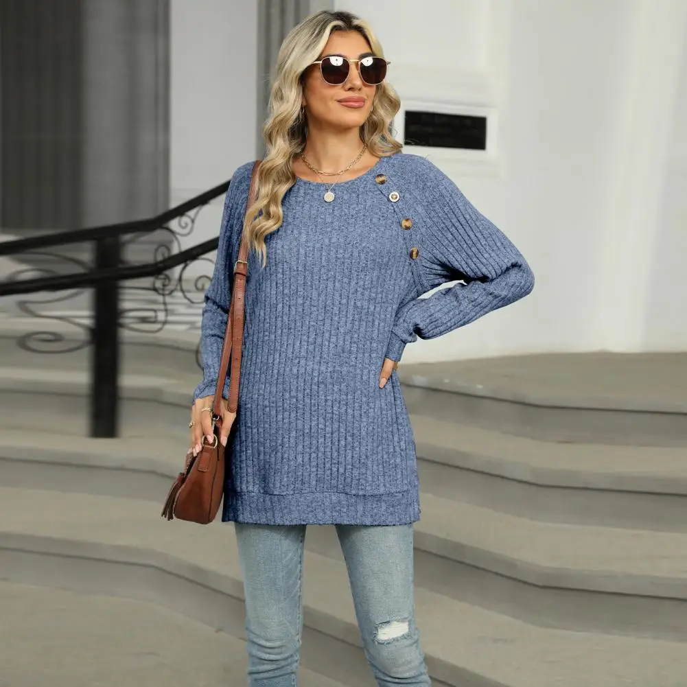 Women Button-up Blouse Stylish Women's Long Sleeve Tee with Button Detail Side Slits Casual Round Neck for Everyday for Comfort