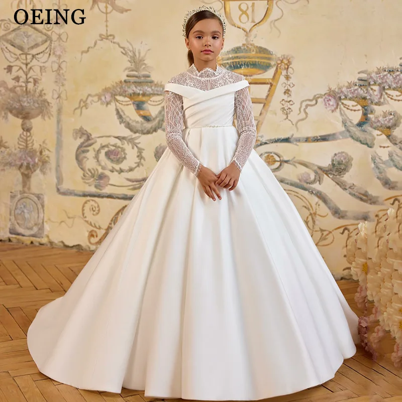 OEING Elegant A-Line Flower Girl Dresses Princess Ivory Maxi Full lace Sleeves Wedding Party Dress Girl Dress Customized