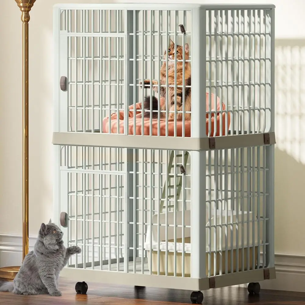 

41 Two-Level Cat Crate with Door Locks, Bottom, and Ladder - Large Plastic Pet Cage for Rabbits, Chinchillas, and Small Animals
