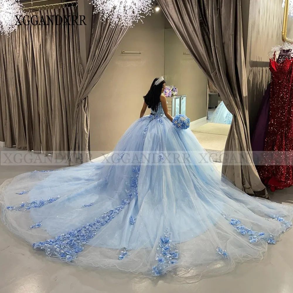 Customized Long Train Sky Blue Quinceanera Dress 2024 Mexican Vestidos De 15 Ball Gown Cinderella Girl Princess Sweet 16 Dress