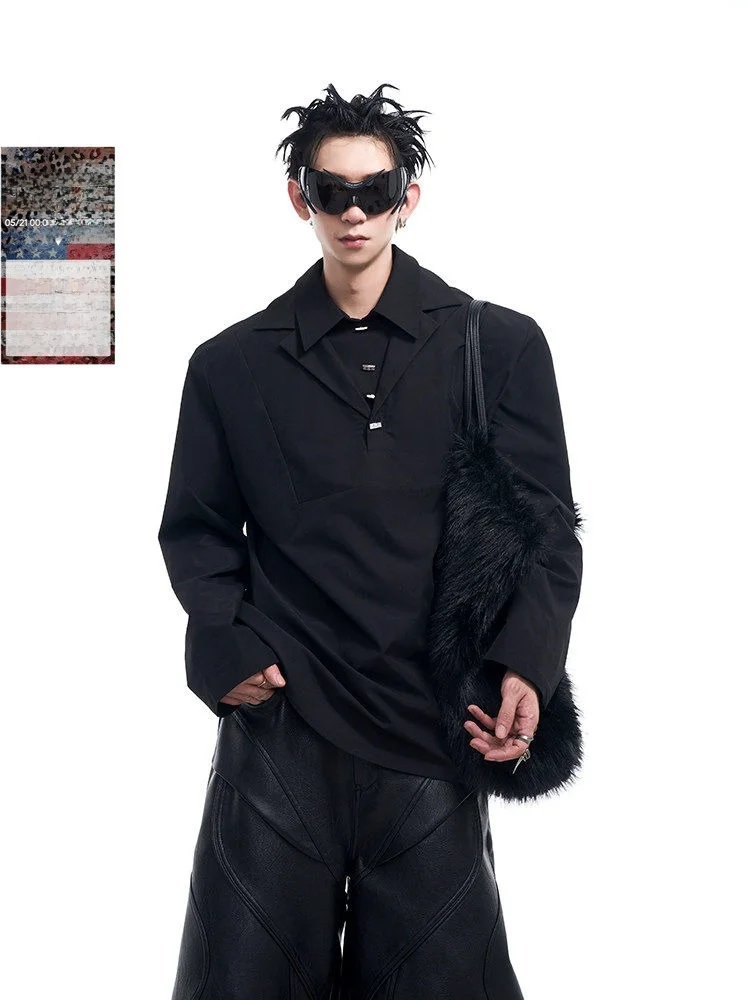 

Start Exceed End Long Sve irt Men's Inner Wear Double Collar Pure Color Autumn Faion Stand Fit Korean Sle Polyest...