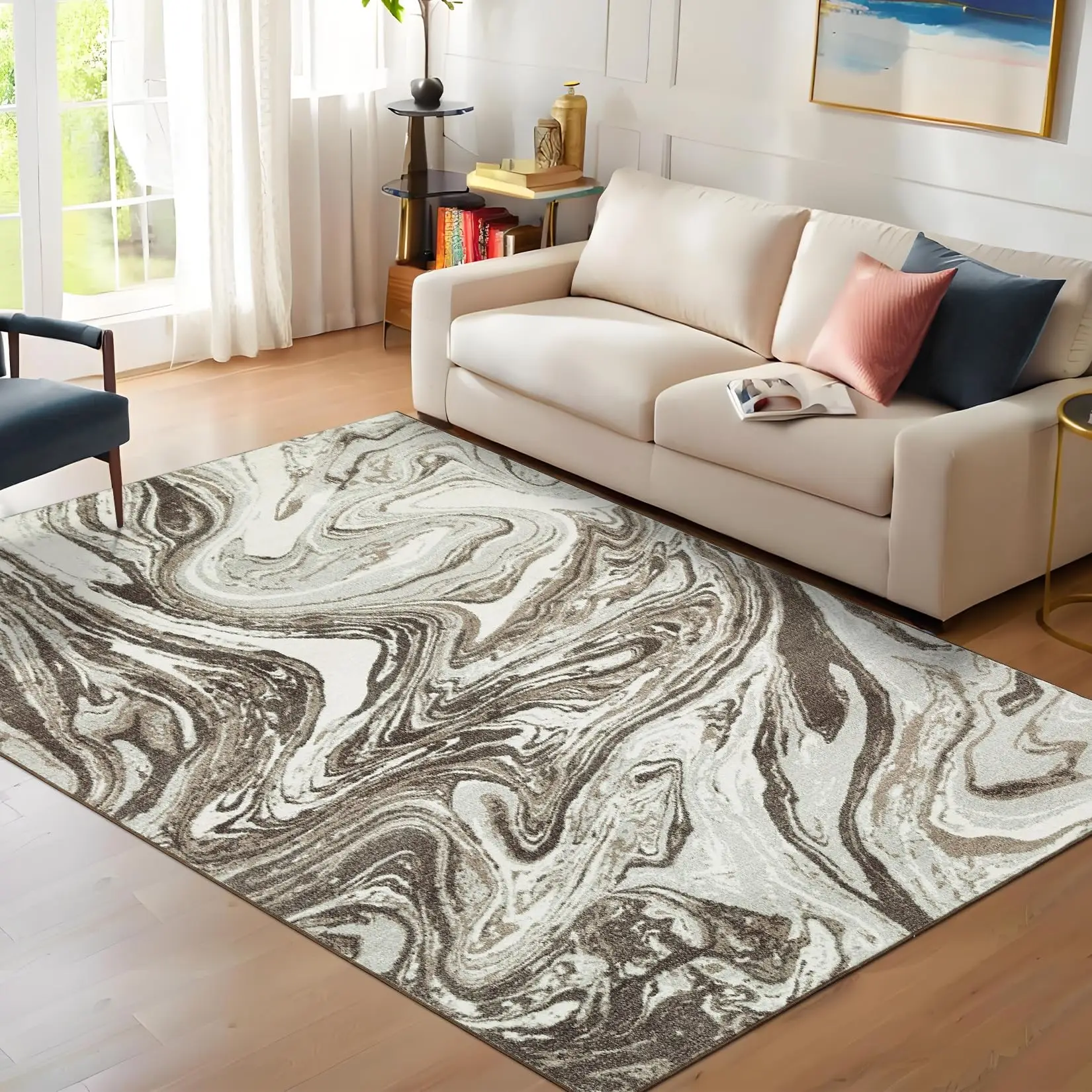 

Modern Abstract Washable Low Pile Area Rug With Non-Slip Backing For Living Room Dining Room Office Taupe