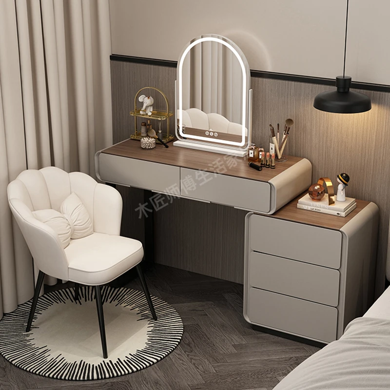 Minimalist Grey Vanity Table Luxury Mirror Simple Makeup Vanity Table Stylish Chair Tocador Maquillaje Con Luces Furniture