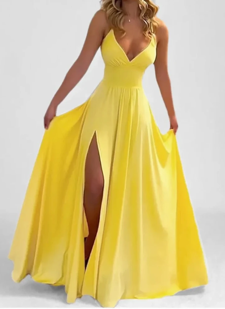 

Сплошное цветное сексуальное длинное платье с разрезом на подтяжках, весенняя женская одежда, бальное платье без рукавов с открытыми плечами и v-образным вырезом