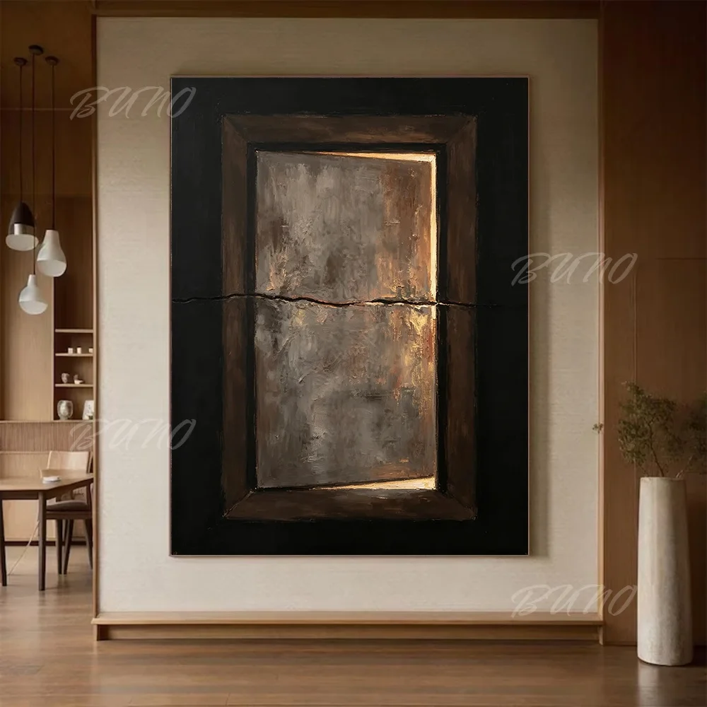 100% Handmade Abstract Oil Painting Original Minimalist Black Modern Unframed Canvas Wall Art for Living Room Bedroom Decor