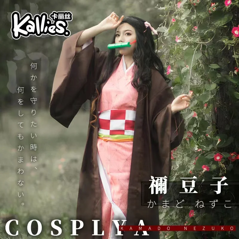 Erwachsene Kinder Anime Dämonen töter Nezuko Cosplay Kostüm Kimono Kimetsu keine Yaiba Kamado Kostüm Perücke Frauen Mädchen Uniform Kleidung