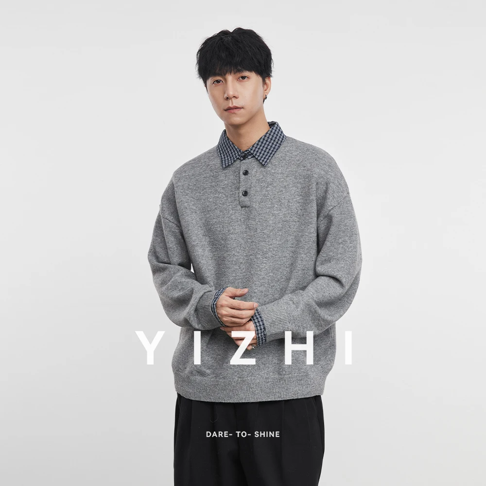 

Fashion Men's Casual Polo Collar Sweater 2025 Winter New Contrast Plaid Trim Henley Neck Pullover Soft Long Sleeve Jumper Top