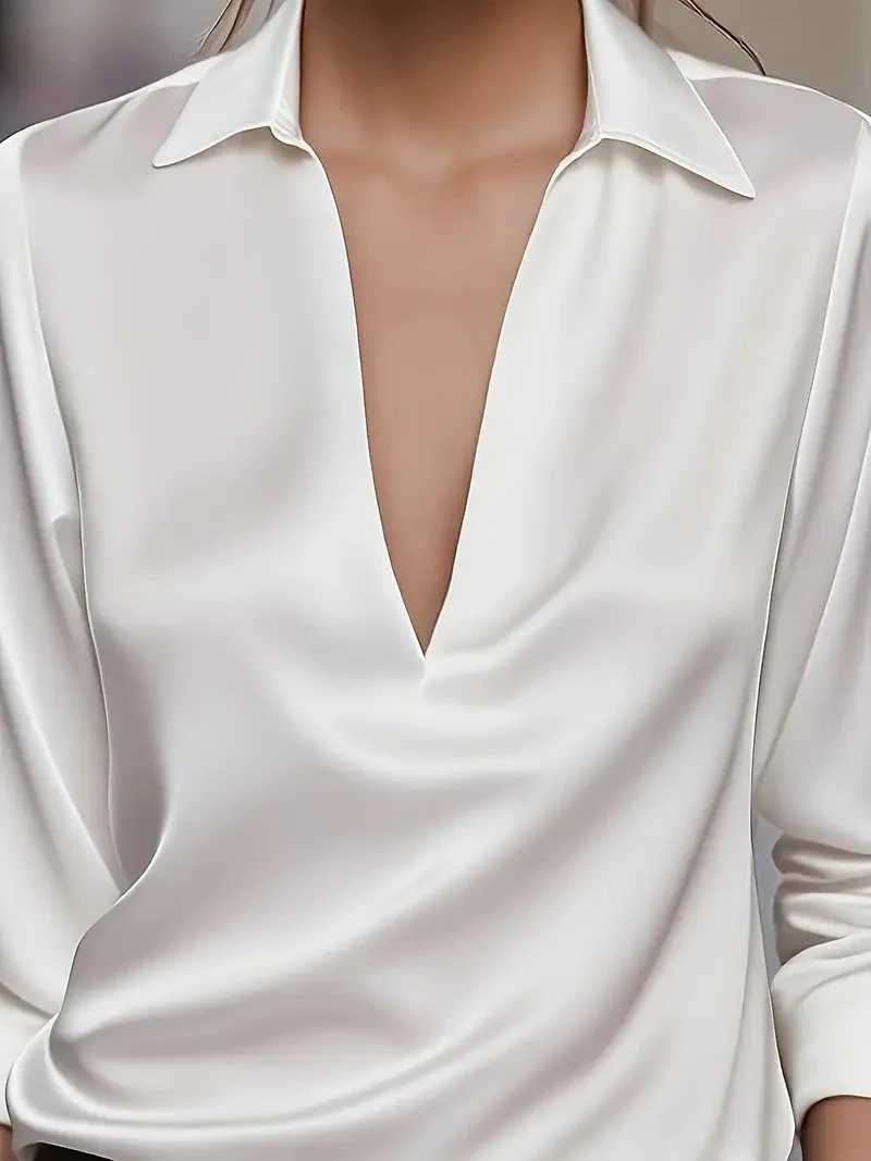 Elegant Women's Satin Shirt Blouse Turn Down Collar Deep V-neck Long-sleeved Solid Color Loose Shirt Casual Top Office Ladies