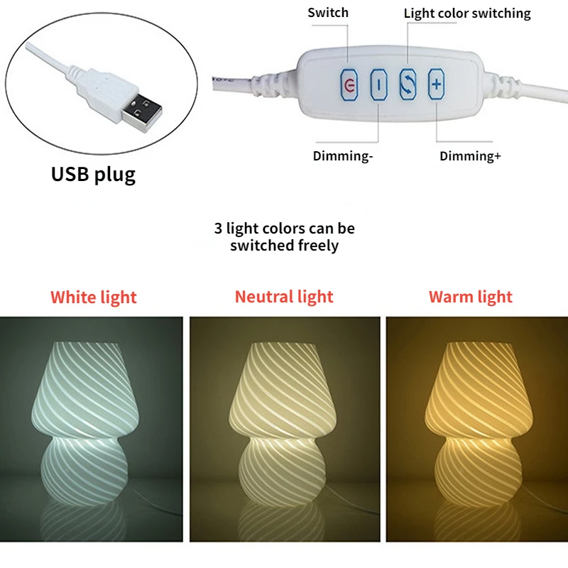 Настольная лампа в стиле ретро, милая полупрозрачная лампа в виде грибов в полоску, для спальни, прикроватного столика, настроения, ночи