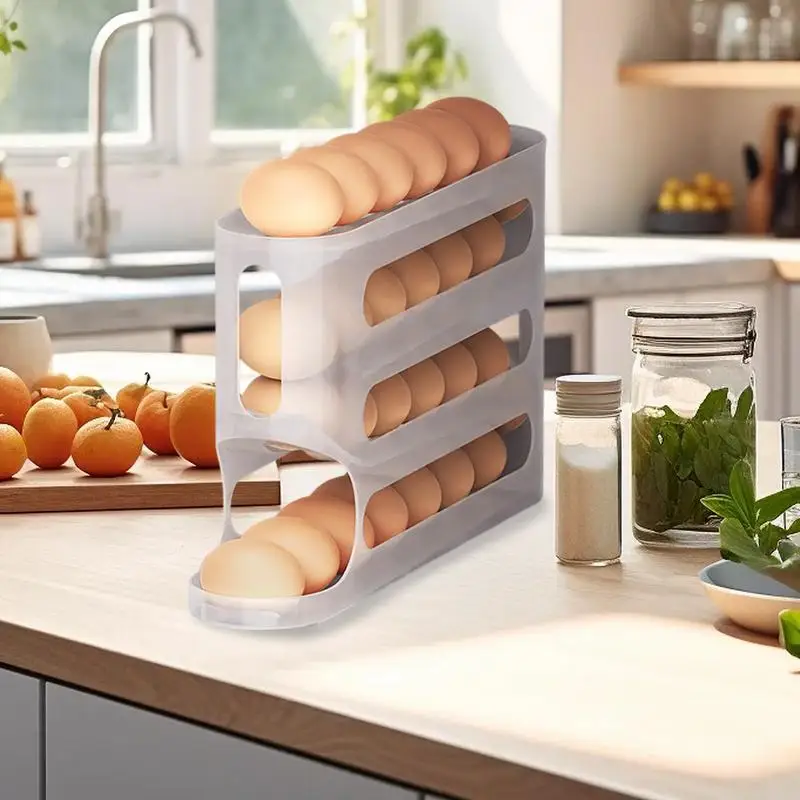 Egg Holder For Fridge Automatic Rolling Egg Rack 4 Layers Egg Holder Food Grade Space-Saving Egg Organizer Large Capacity Egg