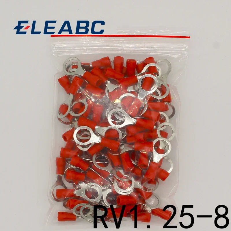 RV1.25-8 Red Circular 22-16 AWG 0.5-1.5mm2 Insulated Ring Terminal Connector Cable Wire Connector 100PCS/Pack RV1-8 RV