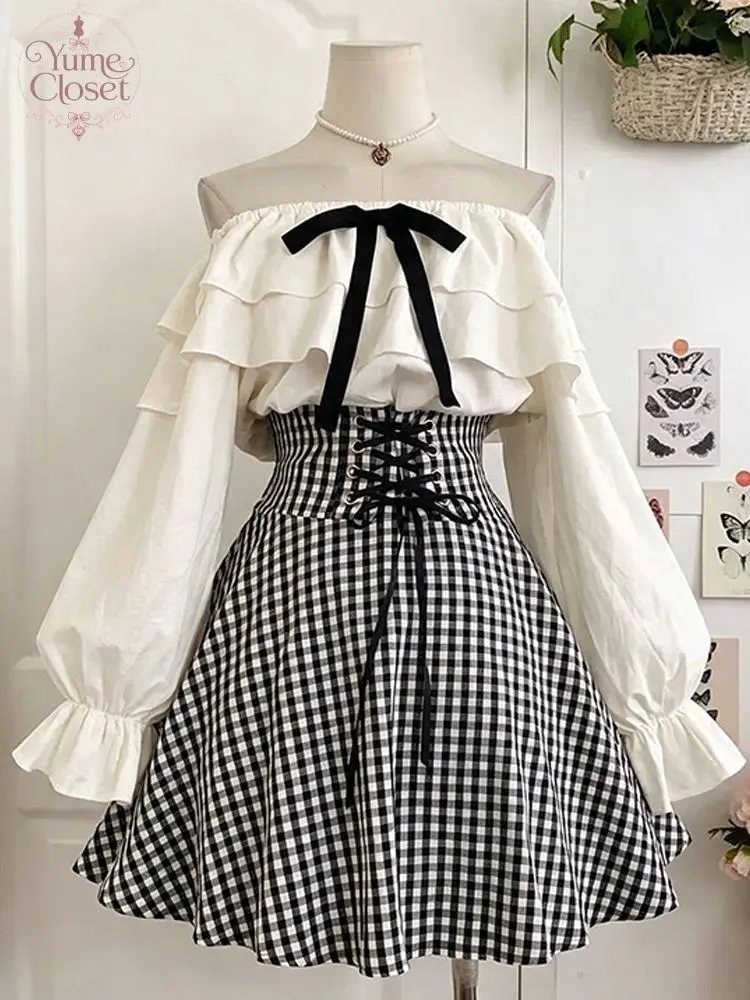 Japanese Vintage 2pcs Set Women Off Shoulder Ruffle Puff Sleeve Bow Tie Gingham Lace Up High Waist Mini Skirt Streetwear Outfit