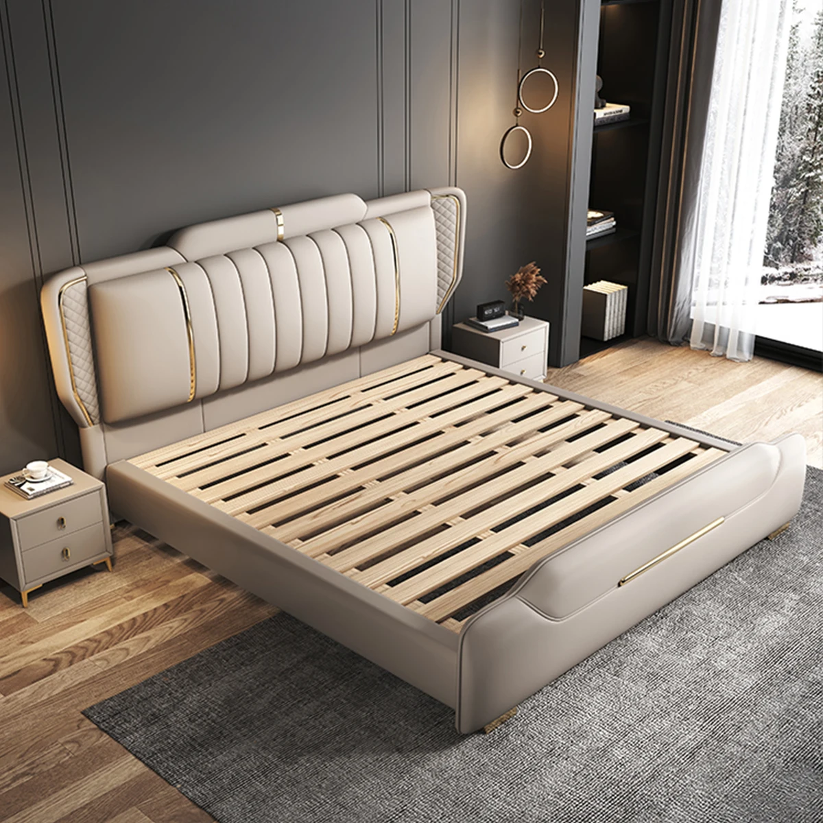 Modern Simplified Economical Solid Wood King Bed, Faux Leather Bedroom Bed Furniture Set, Without Storage Function