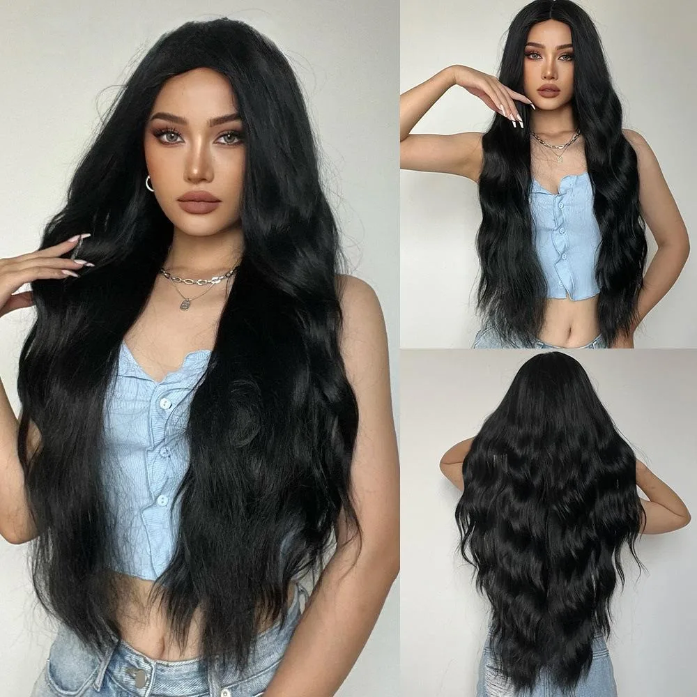 Black Middle-parted Synthetic Wig Women With Long Curly Hair Cosplay American High-temperature Wire Natural Glueless Wigs Hair.