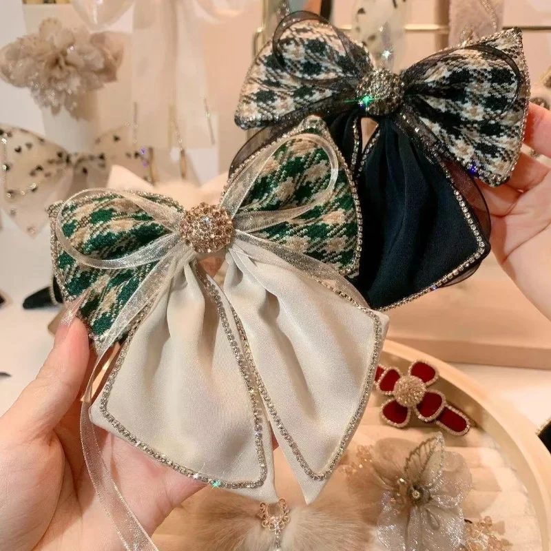 Vintage Fabric Bow Hair Clips Rhinestone Barrette Spring Clip Fashion Ponytail Headwear Hair Pins for Women Hair Accessories