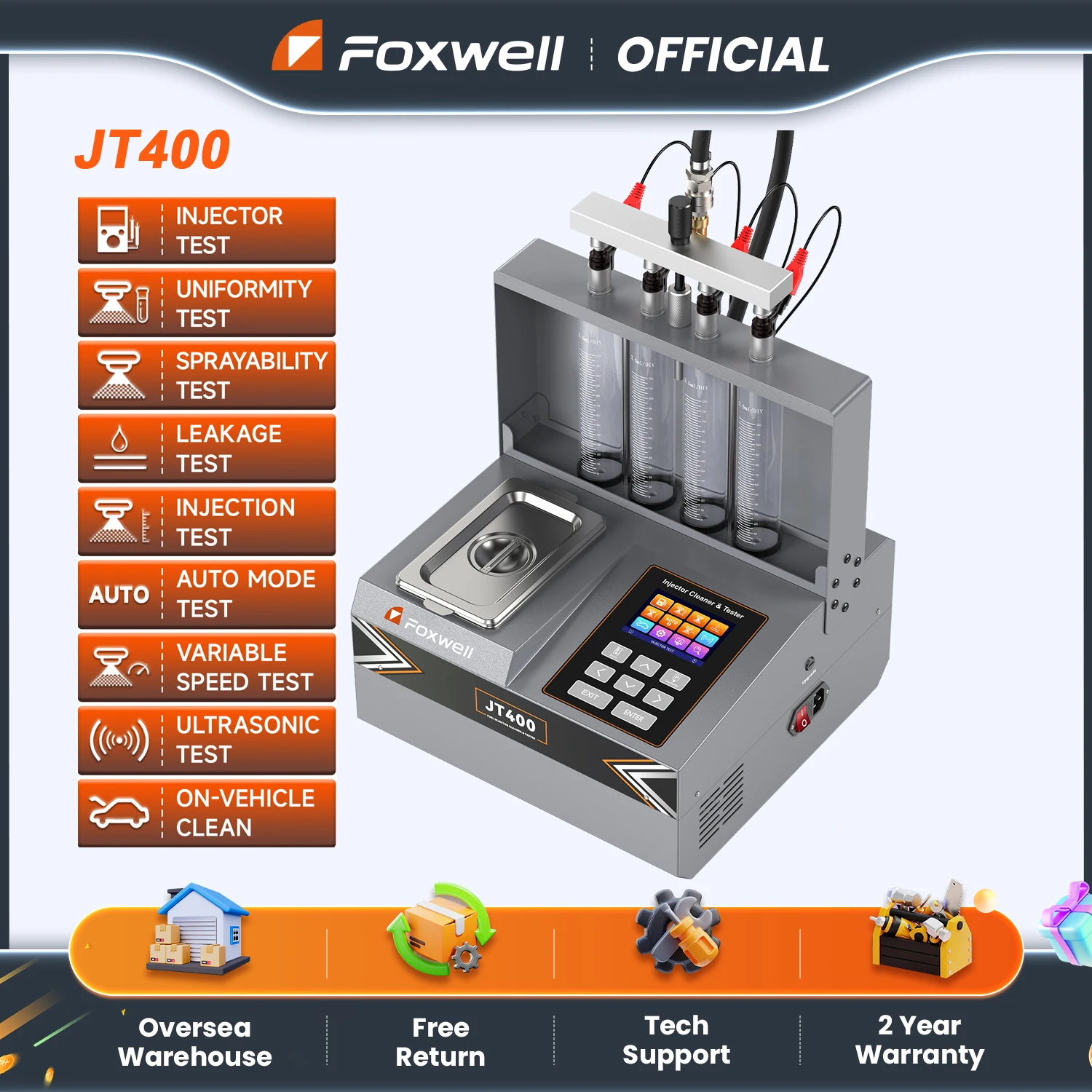 

FOXWELL JT400 Fuel Injector Cleaner Machine 4-Cylinders Heated Ultrasonic Injector Cleaner GDI/EFI/FSI Fuel Injector Test