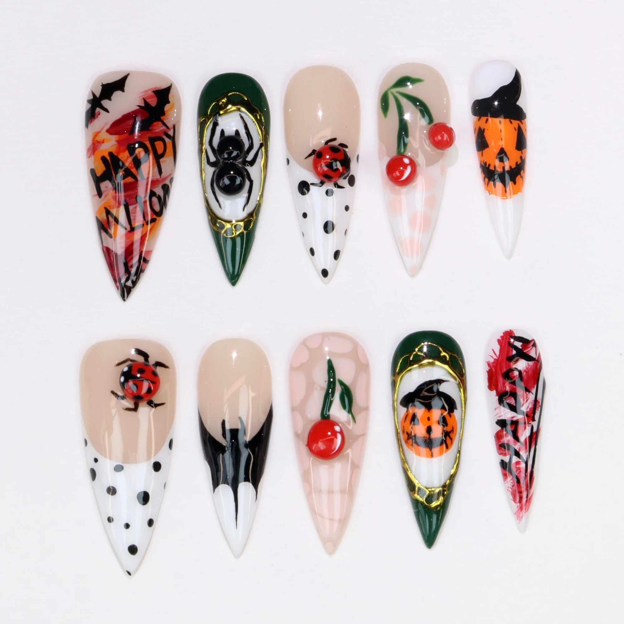 10Pcs 3Dl handmade Manicure Press On Nails, Acrylic Fake Handpainted Custom Design All Saints' Day Adhesive Nail File Set